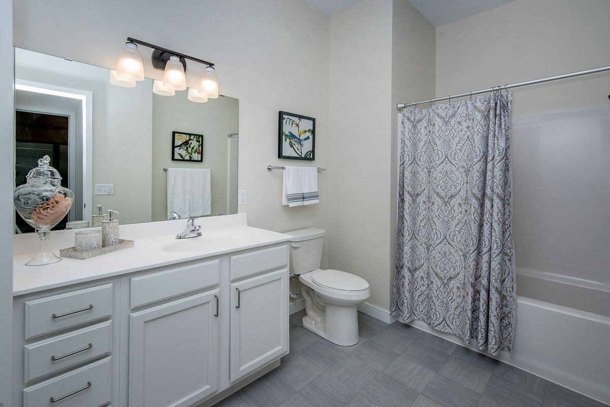 A clean and modern bathroom with a vanity, toilet, and shower area.
