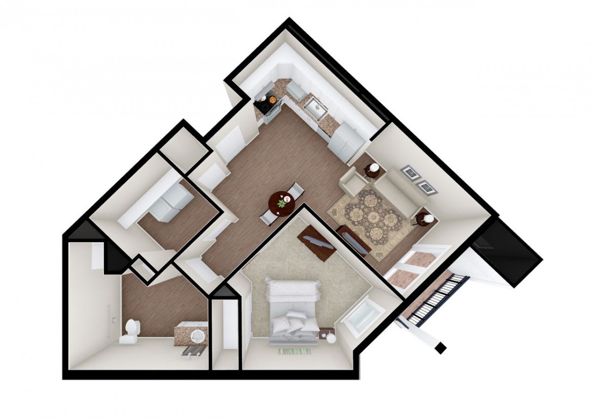 A modern one-bedroom apartment floor plan showcasing a living area, kitchen, bathroom, and bedroom.