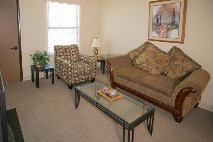 A cozy living room featuring a sofa, armchair, and glass coffee table with tasteful decor.