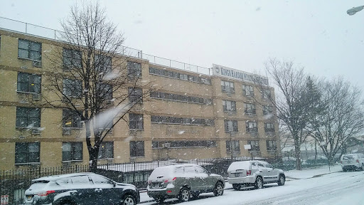 A snowy day in the city, with cars parked on the street and a multi-story building partially obscured by falling snow.