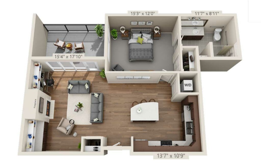 A spacious one-bedroom apartment floor plan featuring an open concept living area, modern kitchen, and a private balcony.