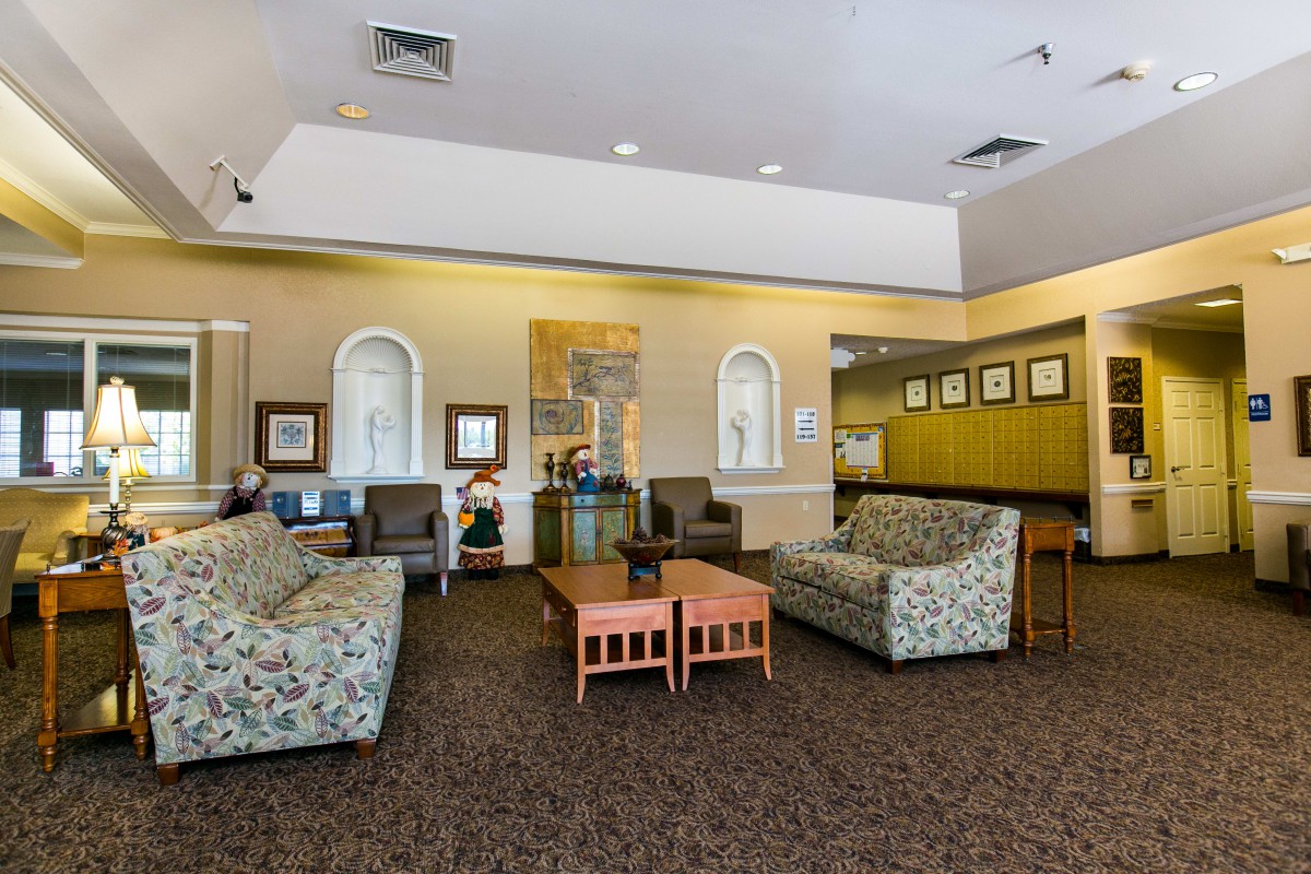 A cozy lobby with comfortable seating and elegant decor.