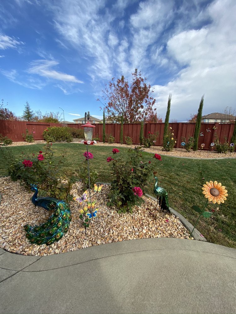 A beautifully landscaped garden with colorful flowers, trees, and a red wooden fence under a blue sky with clouds.
