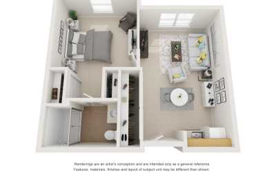 A 3D floor plan of a one-bedroom apartment with detailed interior design.