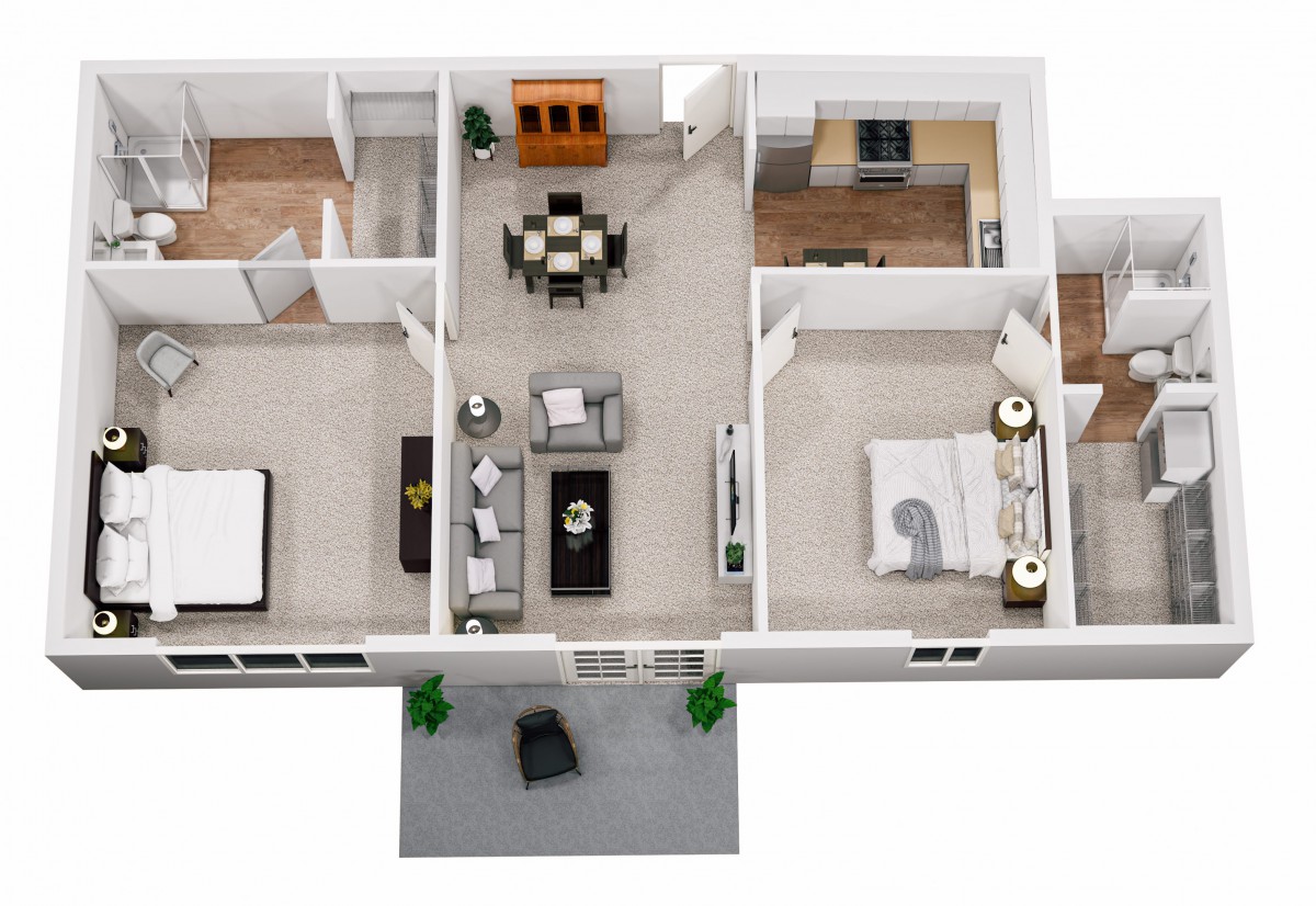 3D floor plan of a two-bedroom apartment with living room, dining area, kitchen, and balcony.