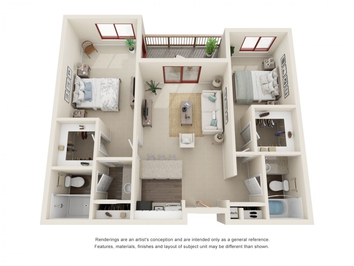 A detailed floor plan of a two-bedroom apartment, featuring a central living area and kitchen, flanked by bedrooms with attached bathrooms.