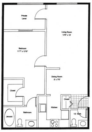 A simple floor plan showing the layout of an apartment with a living room, bedroom, kitchen, dining room, and closets.