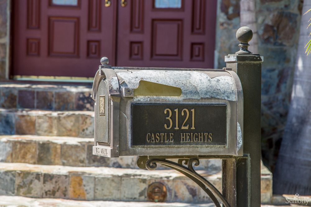A metal mailbox with the address '3121 Castle Heights' in front of stone steps leading to a red door.