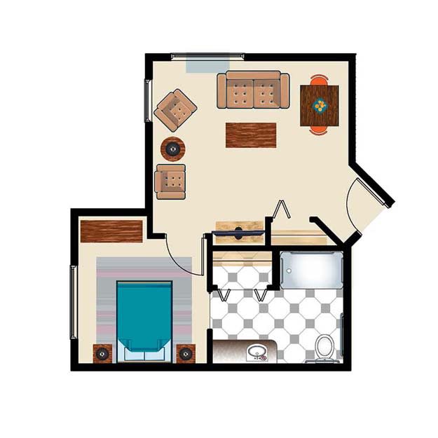 A one-bedroom apartment floor plan featuring a living room, bedroom, and bathroom.