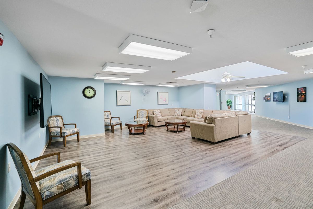 A modern and spacious lobby with comfortable seating arrangements.