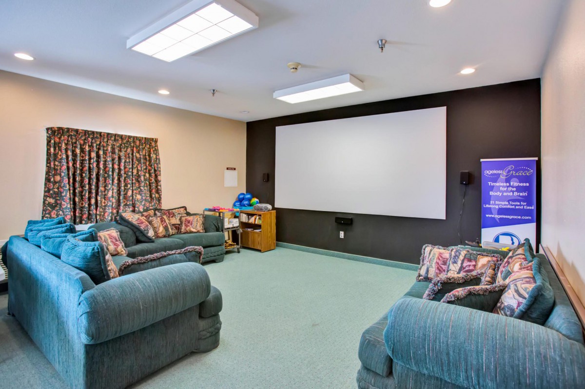 A cozy home theater room with comfortable sofas and a large projector screen.