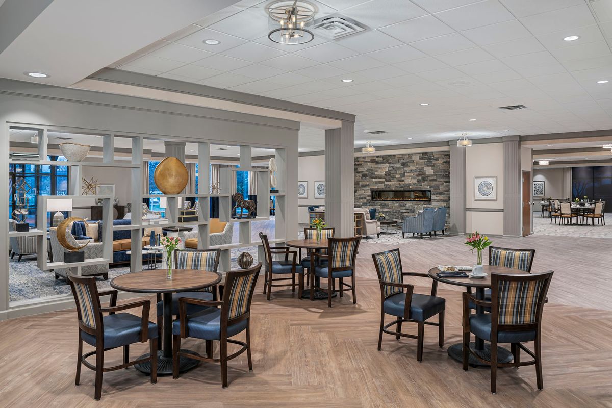 Modern dining and lounge area with stylish furnishings.