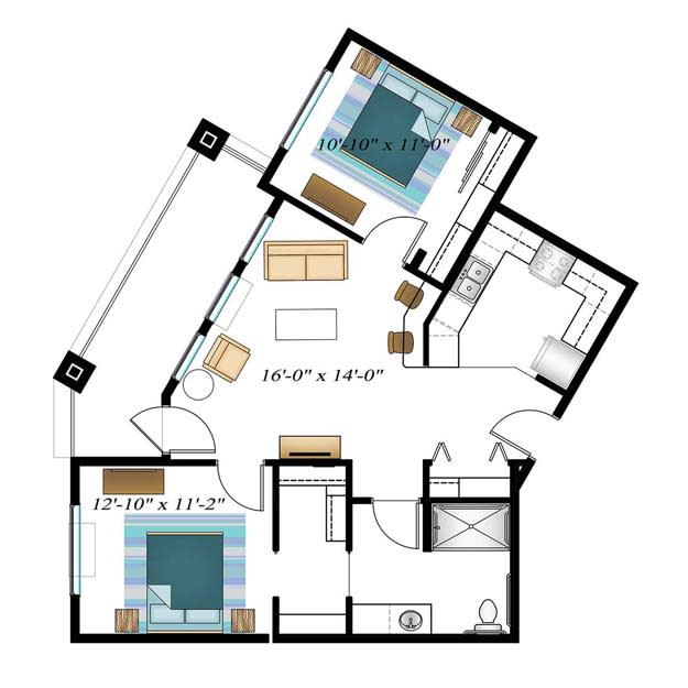 An architectural floor plan of a modern apartment, showing the layout of rooms and furnishings.
