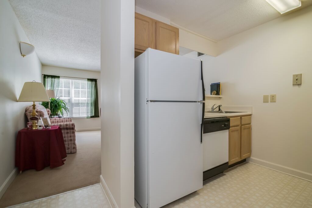 A compact apartment kitchen with a fridge and cabinetry, adjacent to a living area.