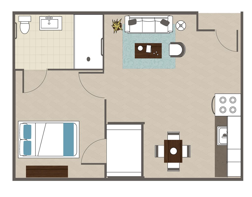 A floor plan of a one-bedroom apartment showing a living room, kitchen, bedroom, and bathroom.