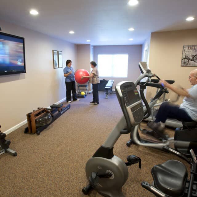 People exercising in a home gym with fitness equipment.