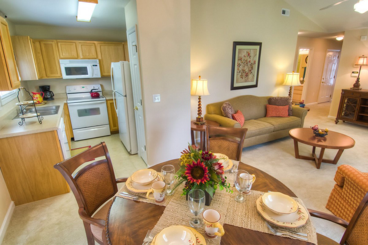 A cozy apartment featuring a combined living and dining area with an open kitchen layout.
