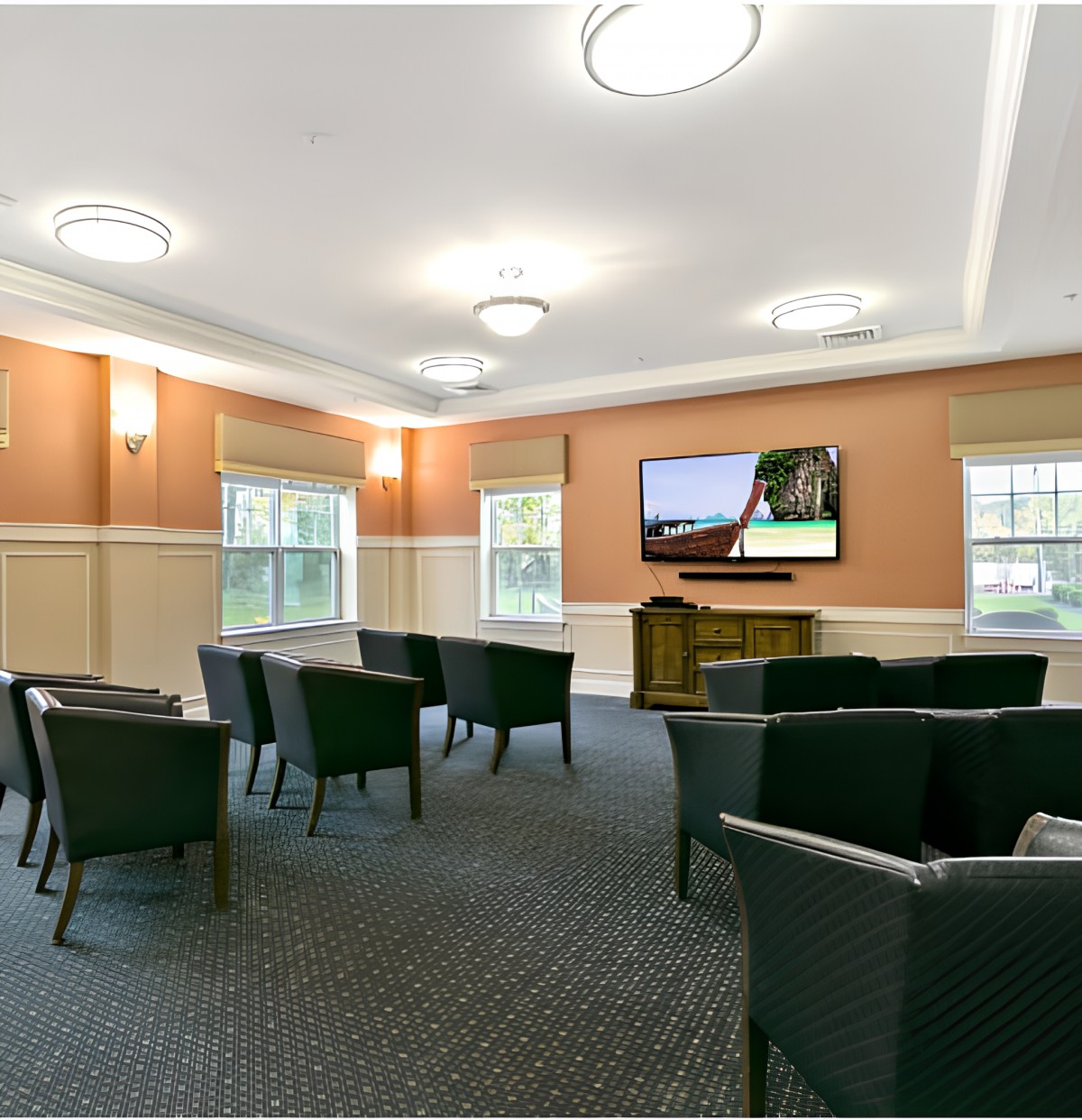 A comfortable meeting room with chairs arranged around a television and multiple windows providing natural light.