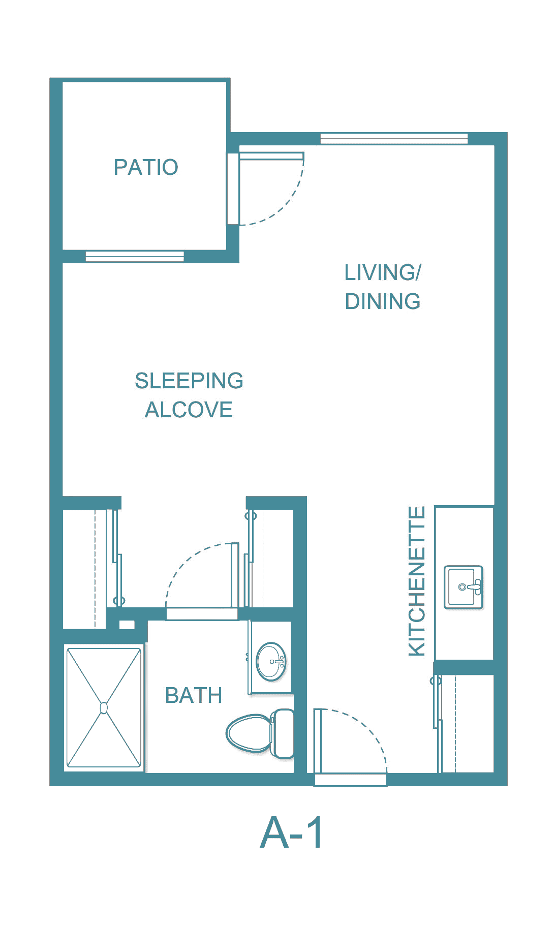 Floor plan of a studio apartment with a sleeping alcove, kitchenette, and living/dining area.