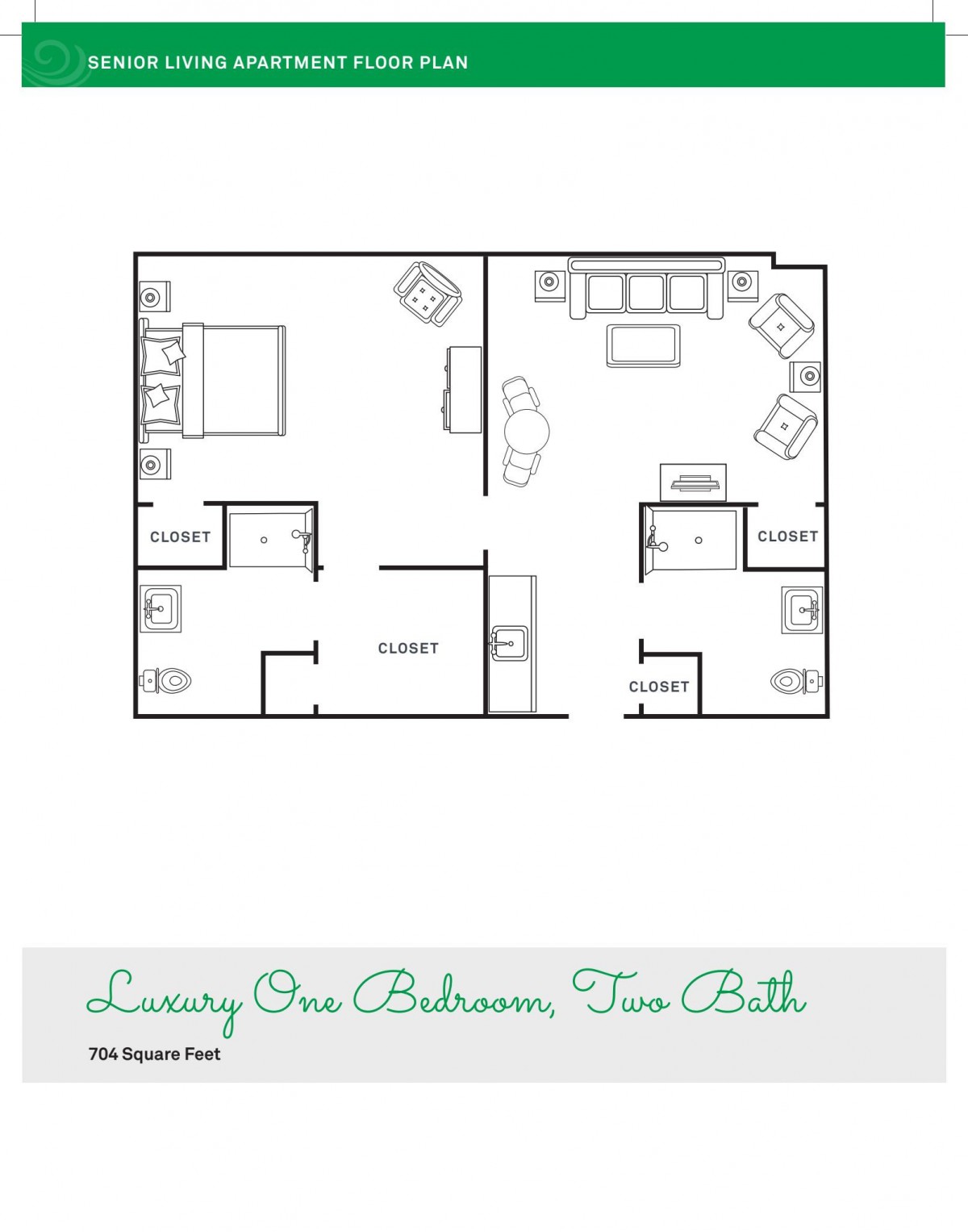 Luxury one-bedroom, two-bathroom apartment floor plan.
