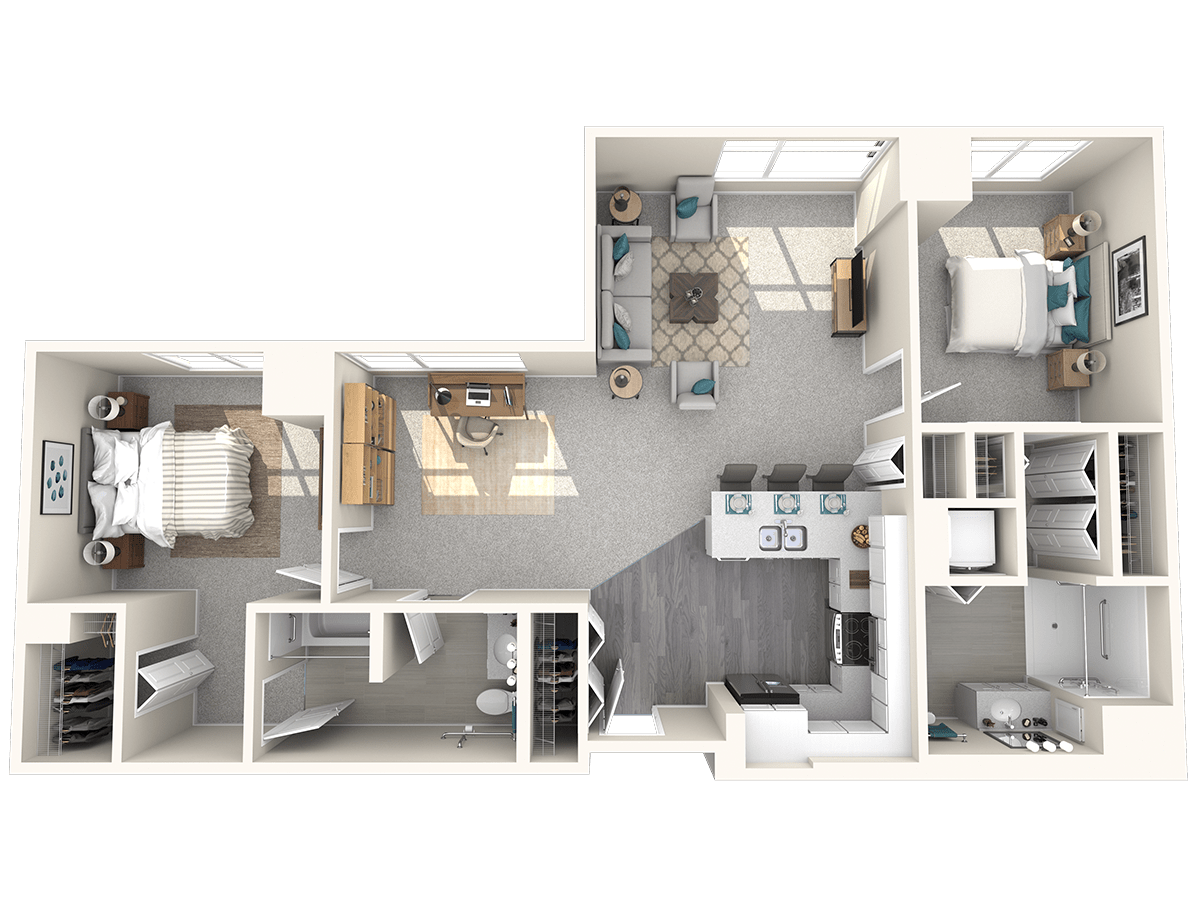A detailed 3D floor plan of a modern apartment with two bedrooms, a kitchen, living area, and bathrooms.