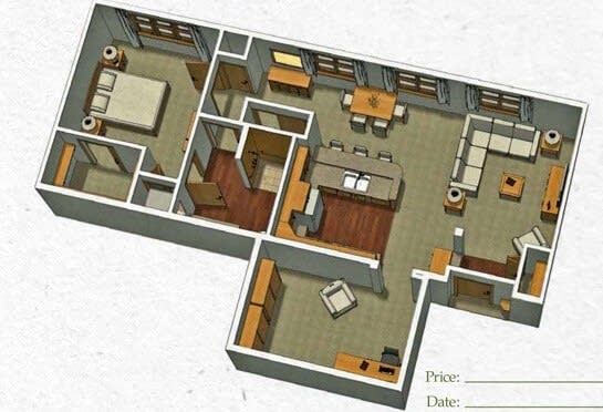 A 3D floor plan of an apartment showcasing the layout of rooms, including a bedroom, living room, kitchen, and dining area.