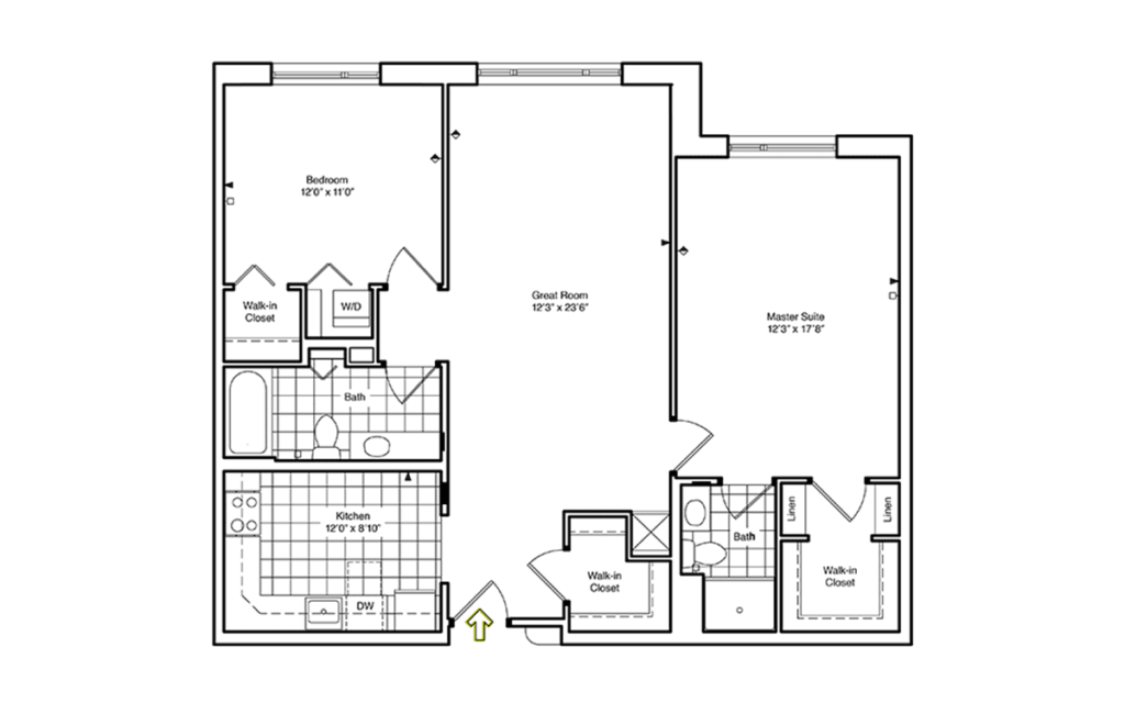 A detailed floor plan of an apartment layout showing various rooms and features.