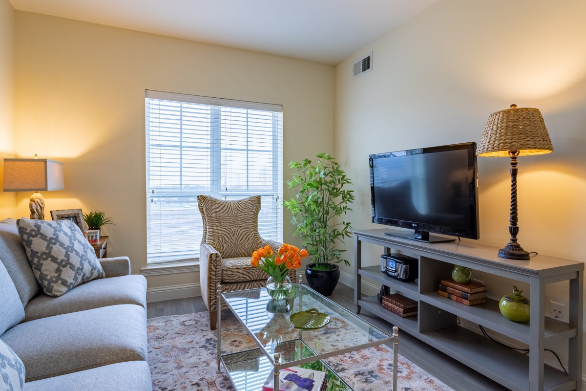 A cozy living room featuring a sofa, armchair, television, and coffee table adorned with flowers, illuminated by natural light from a window.