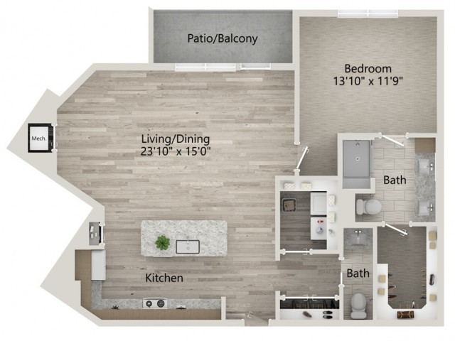 A floor plan of a one-bedroom apartment with a living and dining area, kitchen, patio/balcony, and two bathrooms.