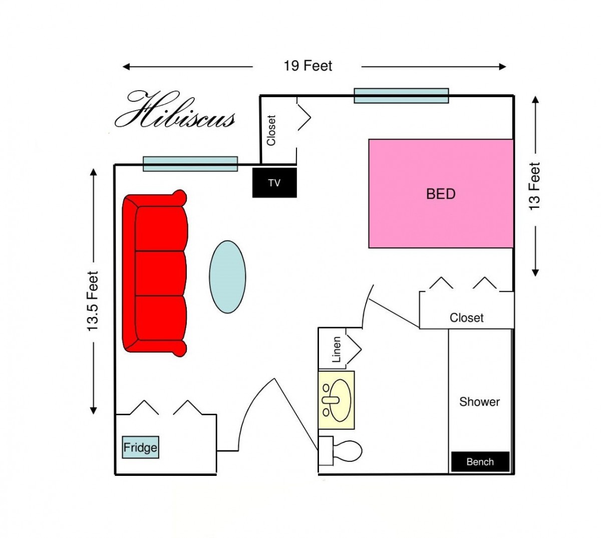 A floor plan depicting the layout of a room with a bed, sofa, table, and bathroom facilities.