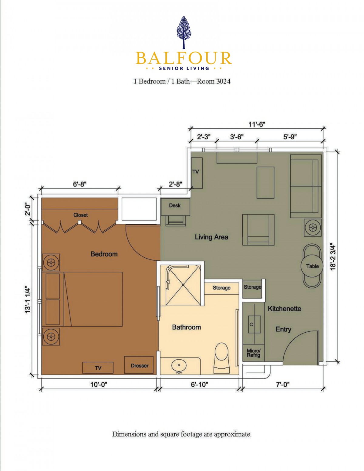 Floor plan of a 1-bedroom apartment with labeled dimensions.
