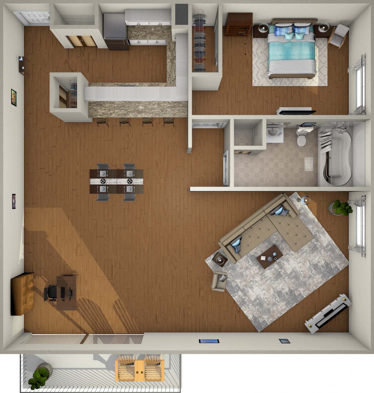 A 3D floor plan depicting the layout of a modern apartment with designated areas for a bedroom, living room, dining area, and kitchen.