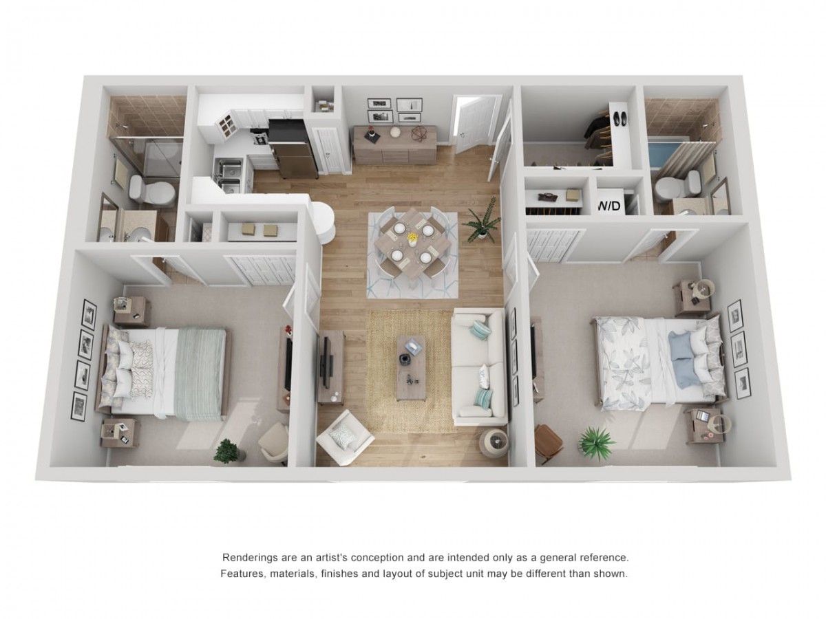 A top-down view of a two-bedroom apartment floor plan showcasing a modern interior layout with stylish furniture and decor.