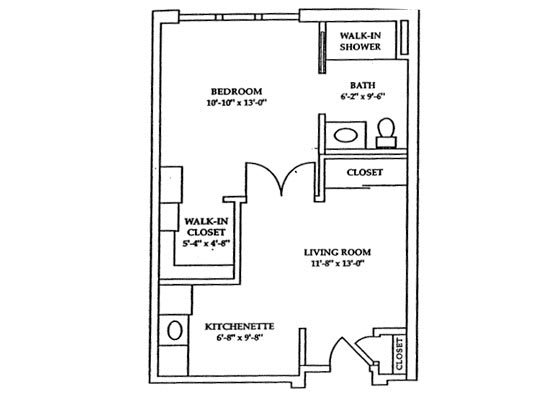 A detailed layout of a one-bedroom apartment with a living room, kitchenette, and bathroom.