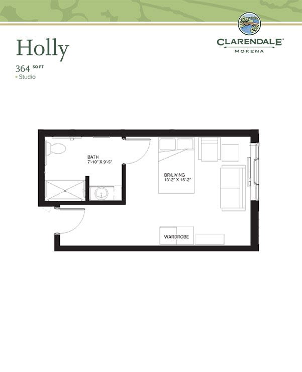 A floor plan of a studio apartment named 'Holly' from Clarendale, featuring a bathroom, closet, and combined living/sleeping area.