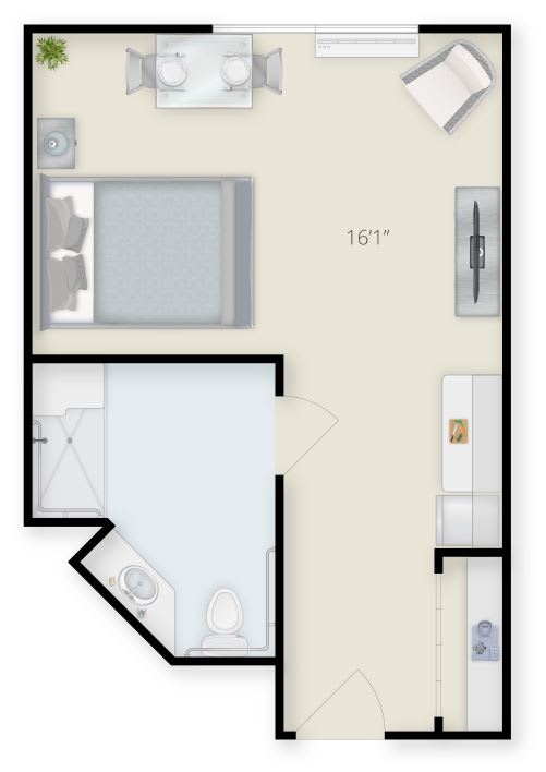 A studio apartment floor plan featuring a bedroom, bathroom, and kitchen area.