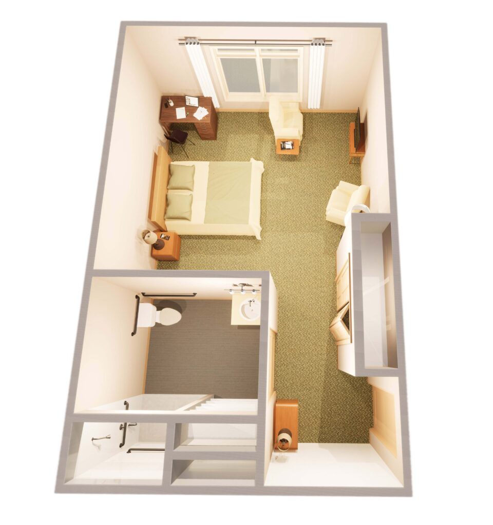 A 3D floor plan of a small apartment featuring a bedroom, bathroom, and living area.