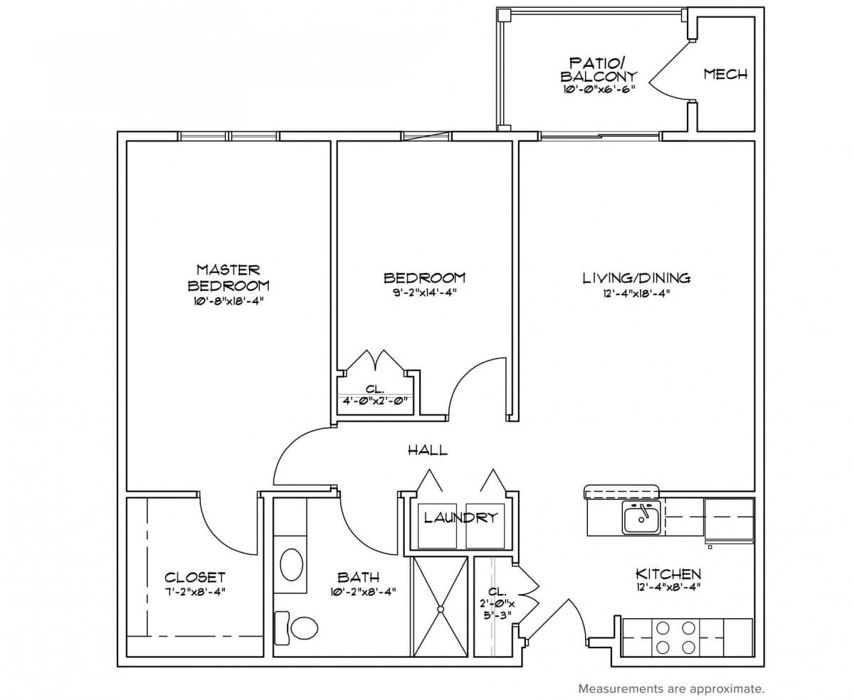 A floor plan of a two-bedroom apartment featuring a living room, kitchen, bathroom, and patio.