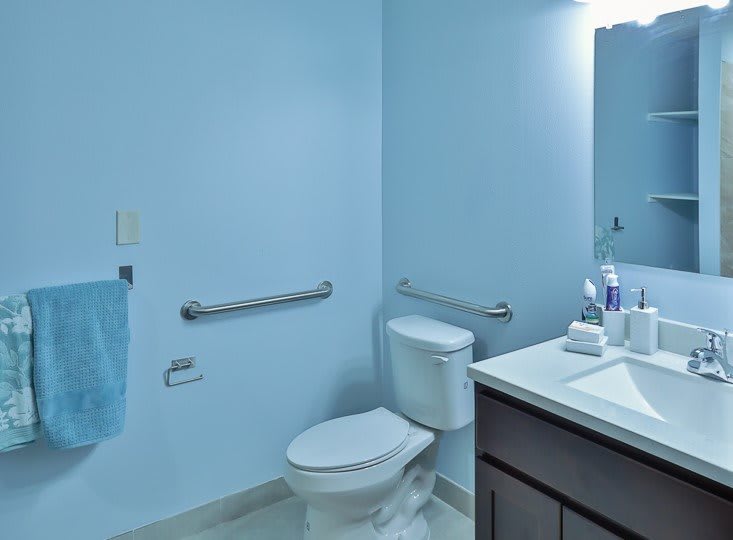 A bathroom with light blue walls featuring a toilet, sink, mirror, towel rack, and accessibility grab bars.