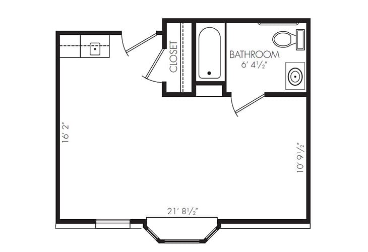 A floor plan showing the layout of a room with dimensions, including a bathroom and closet.