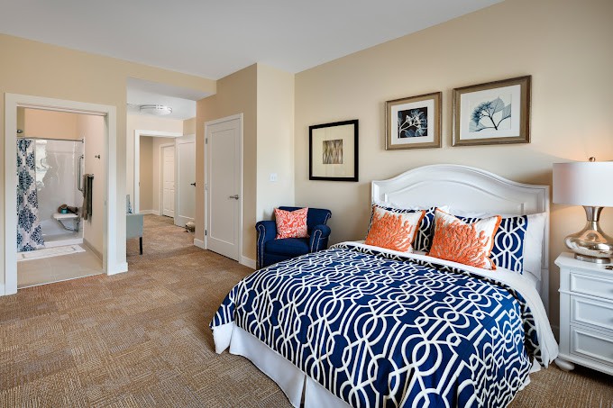 A well-decorated bedroom featuring a bed with a patterned blue and white duvet, colorful pillows, and wall art.