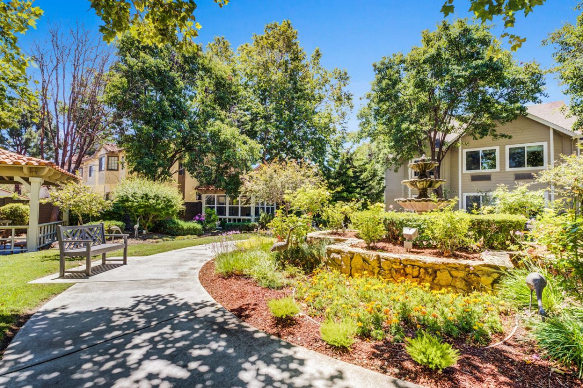A serene garden pathway surrounded by lush greenery and residential buildings on a sunny day.
