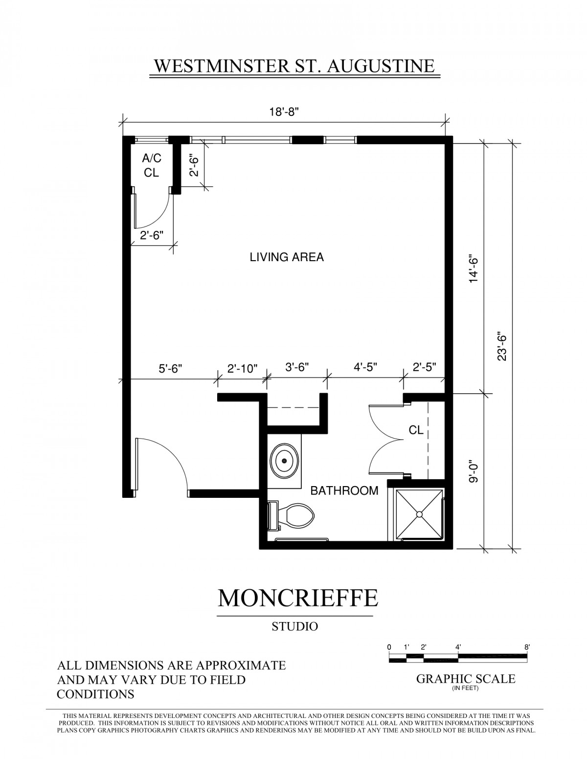 A floor plan of the Moncrieffe apartment, highlighting room dimensions and layout.