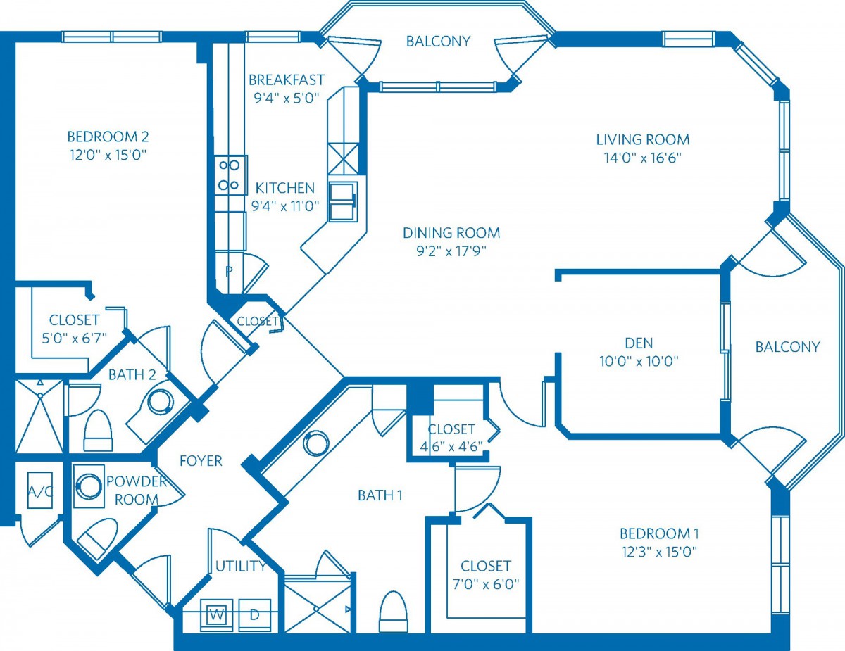 A detailed floor plan of an apartment showing various labeled rooms and architectural features.