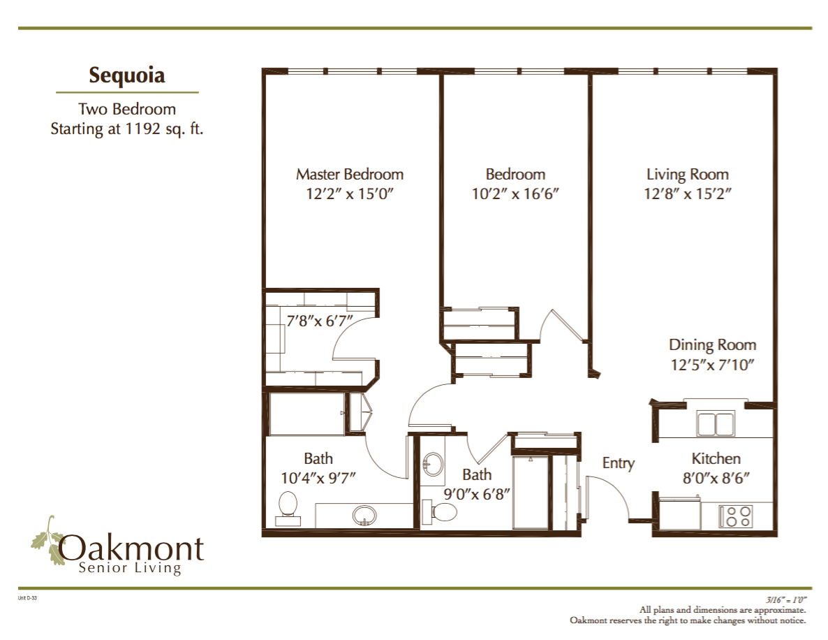 Floor plan of a two-bedroom apartment featuring a living room, dining room, kitchen, and bathrooms.