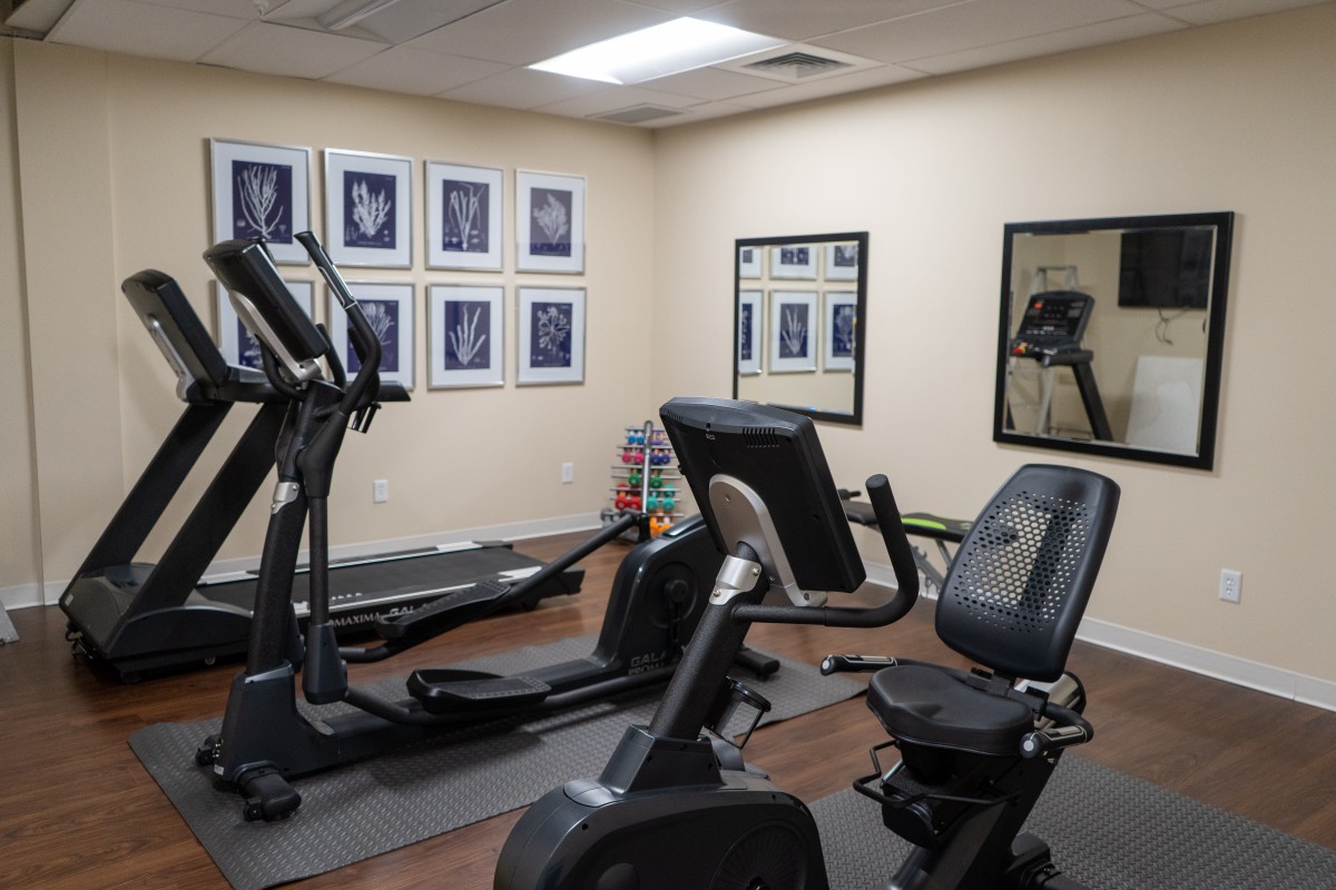 A small gym with treadmills and stationary bikes ready for workouts.