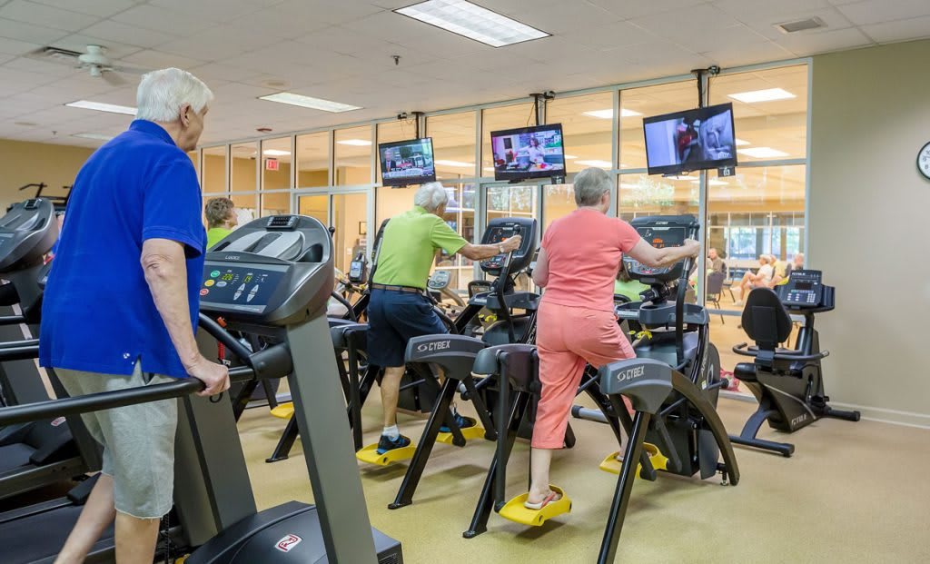 Seniors exercising on treadmills in a gym setting.