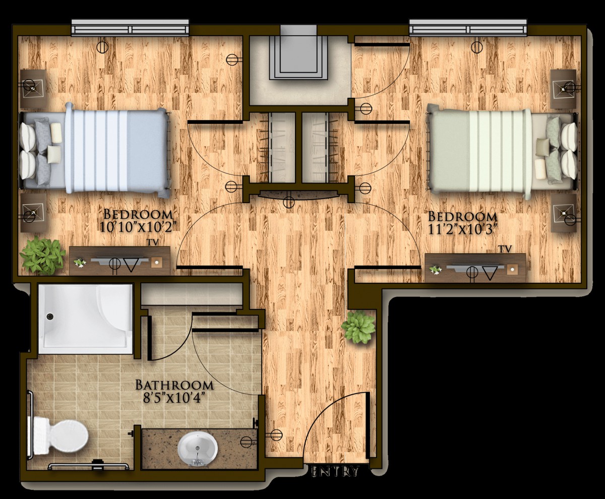 A detailed floor plan featuring two bedrooms and a bathroom.