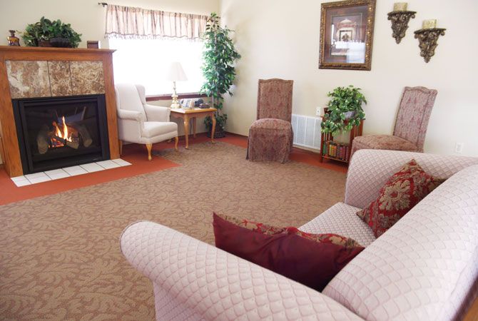 A cozy living room with a sofa, chairs, and a fireplace, complemented by indoor plants and decorative items.