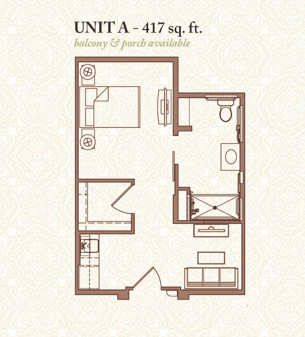 Floor plan of a compact 417 sq. ft. apartment, identified as Unit A.